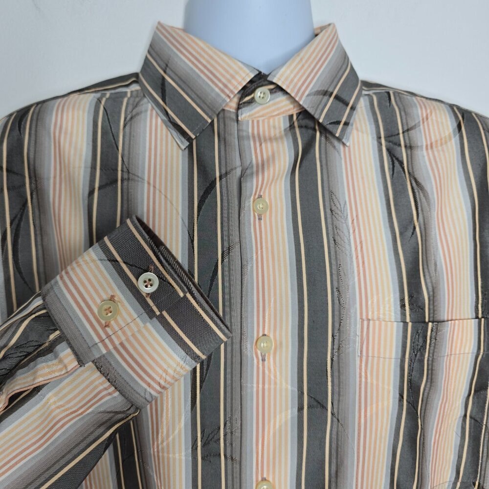 Tommy Bahama Silk Shirt Mens Large Striped Floral Long Sleeve Button Gray Peach